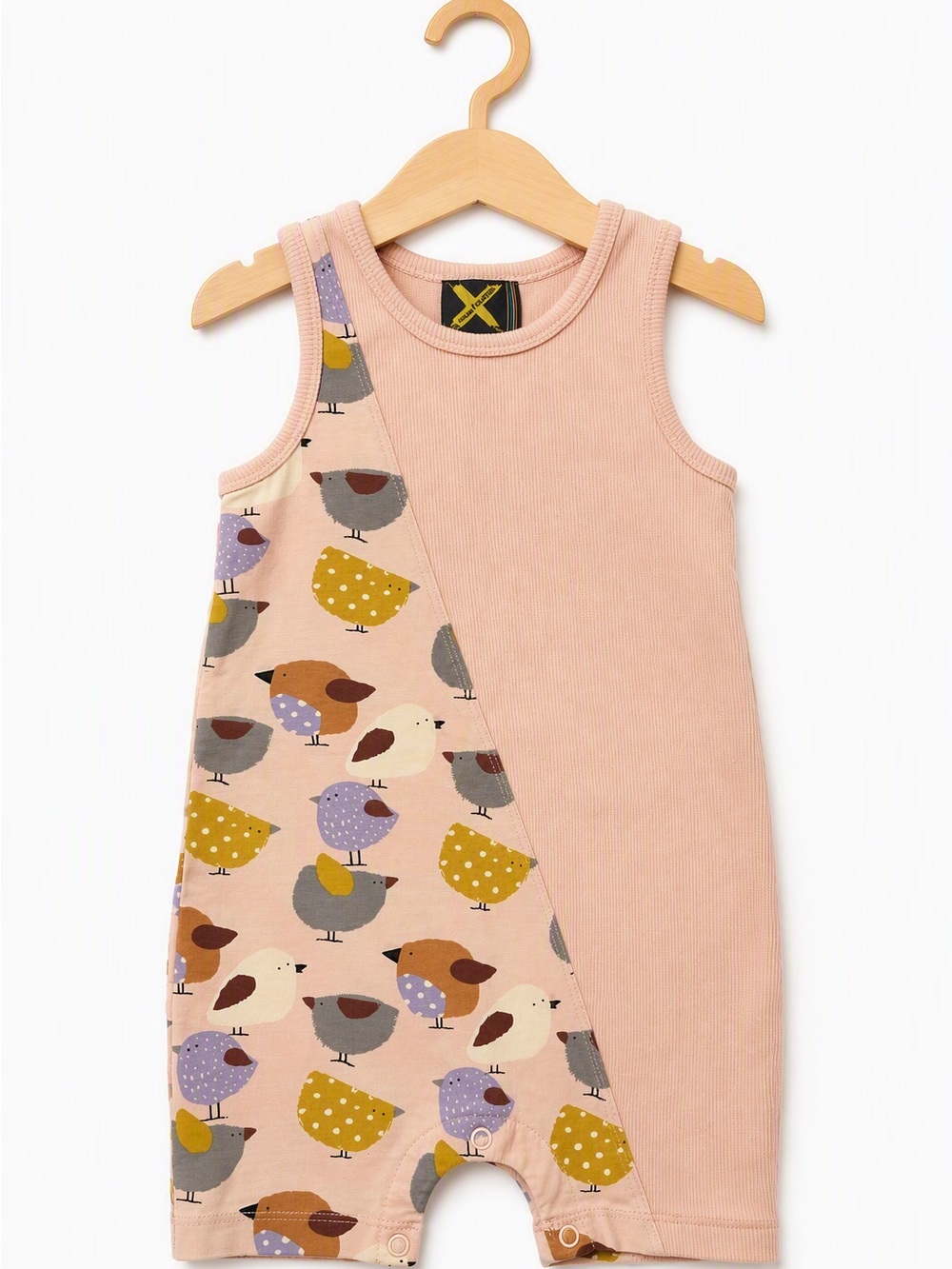 Marks the Spot Asymmetric Wide Rib Cartoon Bird Block Tank Romper 18M Polka Dot